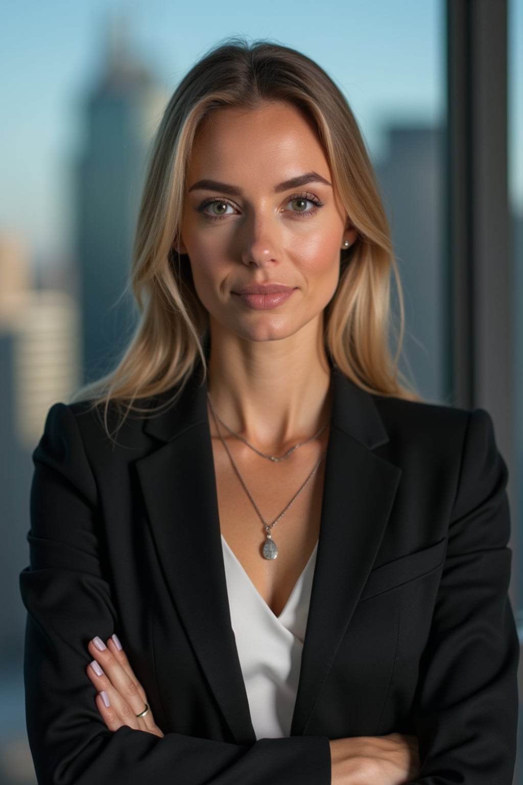 8k professional headshot of woman, crisp details, studio backdrop, executive attire, confident posture, neutral expression, high-definition, corporate setting, sharp focus, ambient lighting, business professional, cityscape view