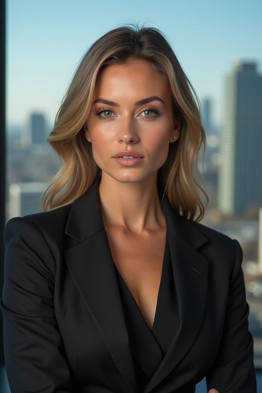 8k professional headshot of woman, crisp details, studio backdrop, executive attire, confident posture, neutral expression, high-definition, corporate setting, sharp focus, ambient lighting, business professional, cityscape view
