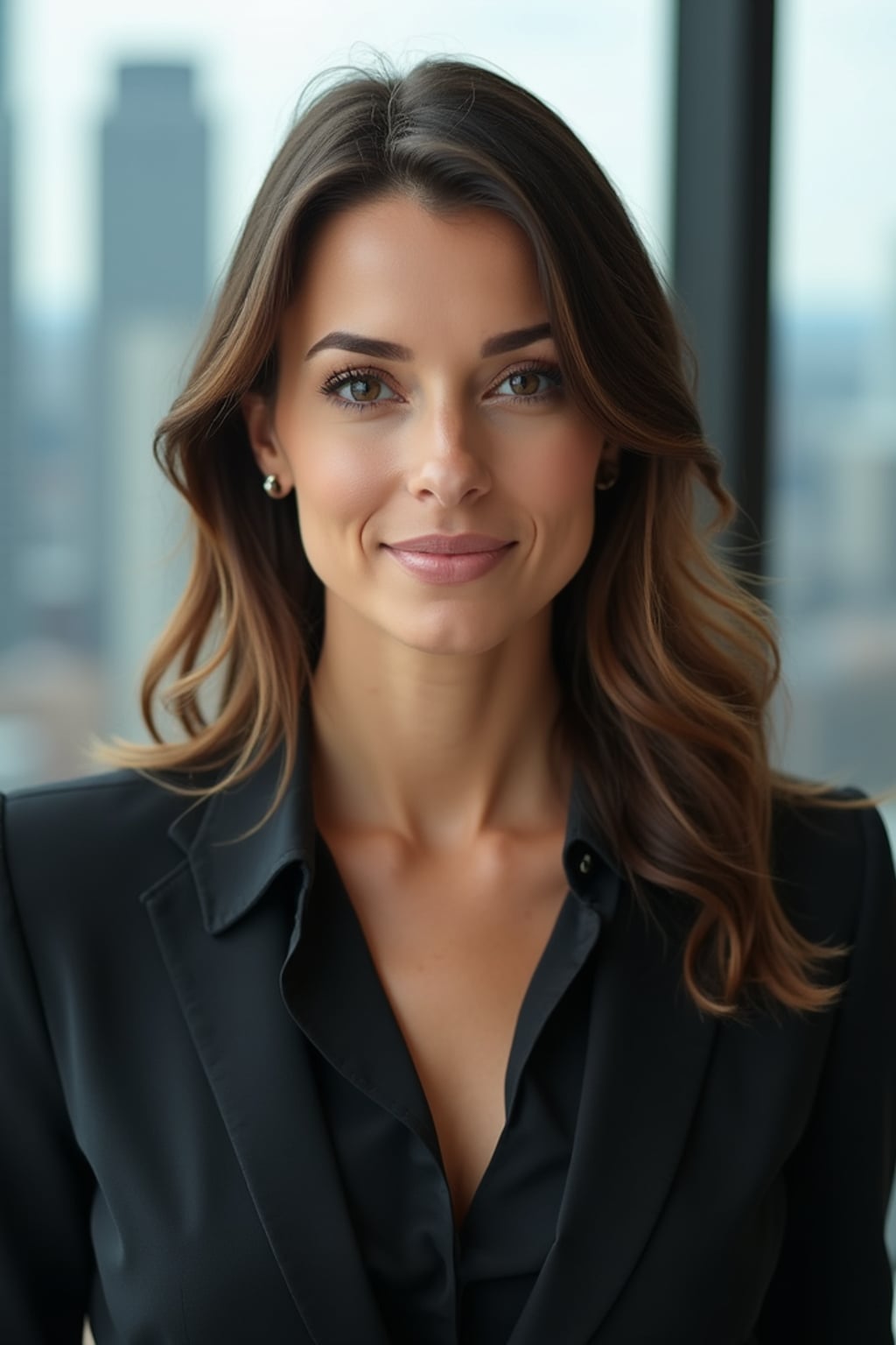 8k professional headshot of woman, crisp details, studio backdrop, executive attire, confident posture, neutral expression, high-definition, corporate setting, sharp focus, ambient lighting, business professional, cityscape view