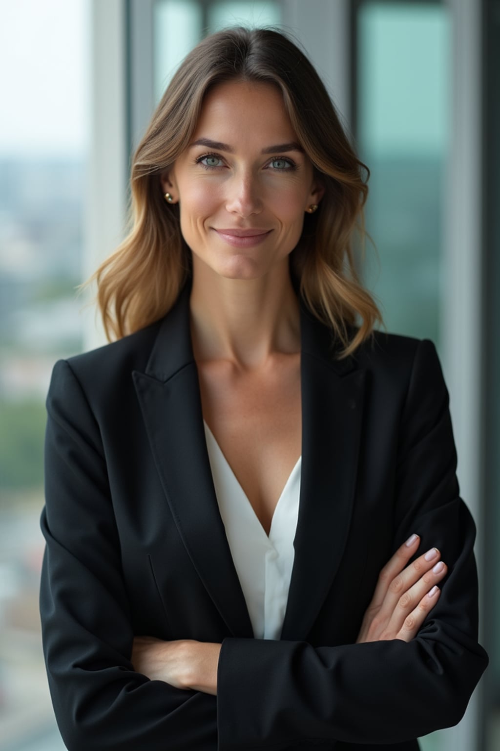 8k professional headshot of woman, crisp details, studio backdrop, executive attire, confident posture, neutral expression, high-definition, corporate setting, sharp focus, ambient lighting, business professional, cityscape view