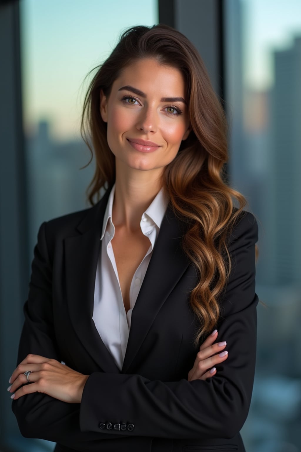 8k professional headshot of woman, crisp details, studio backdrop, executive attire, confident posture, neutral expression, high-definition, corporate setting, sharp focus, ambient lighting, business professional, cityscape view