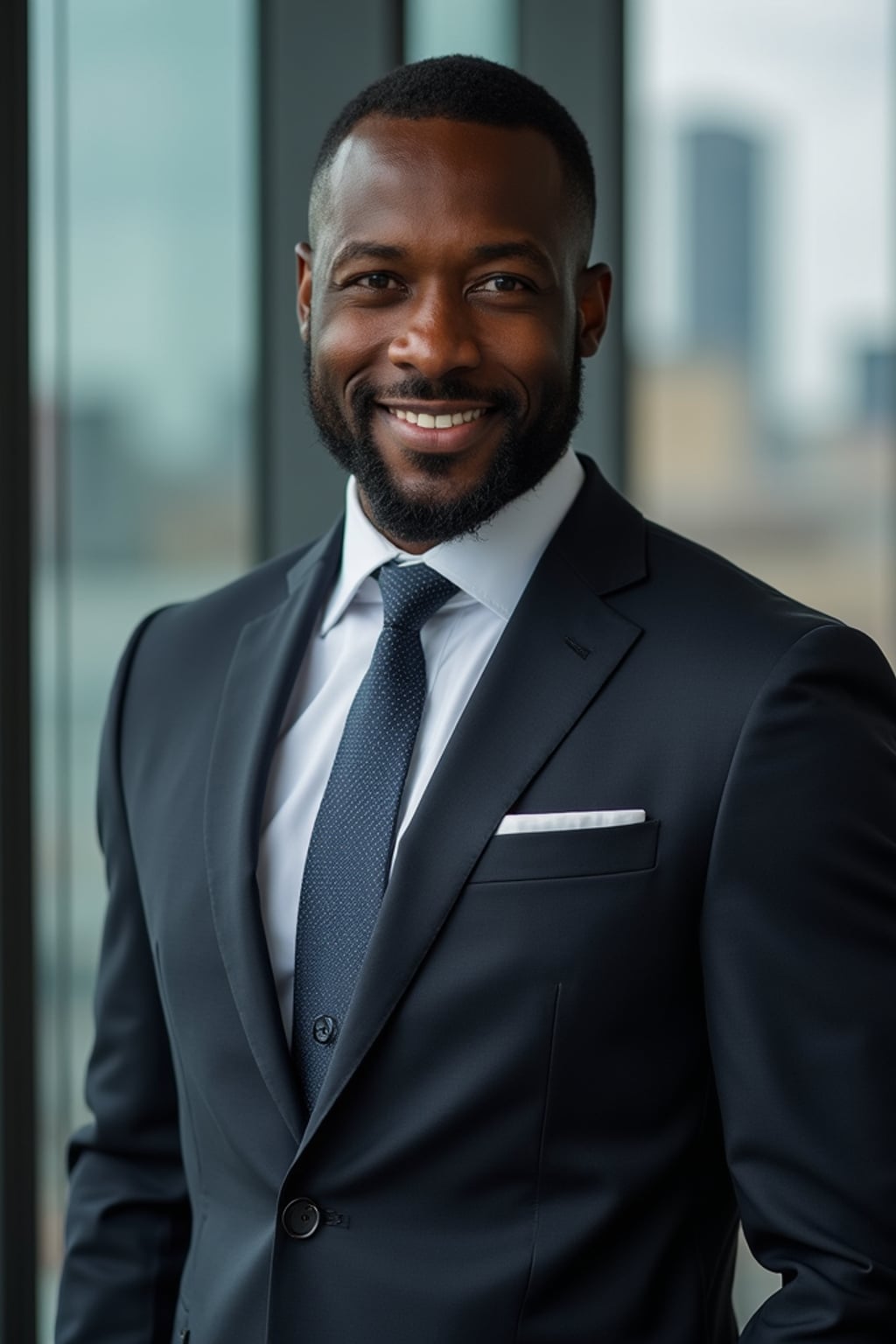 8k professional headshot of man, crisp details, studio backdrop, executive attire, confident posture, neutral expression, high-definition, corporate setting, sharp focus, ambient lighting, business professional, cityscape view