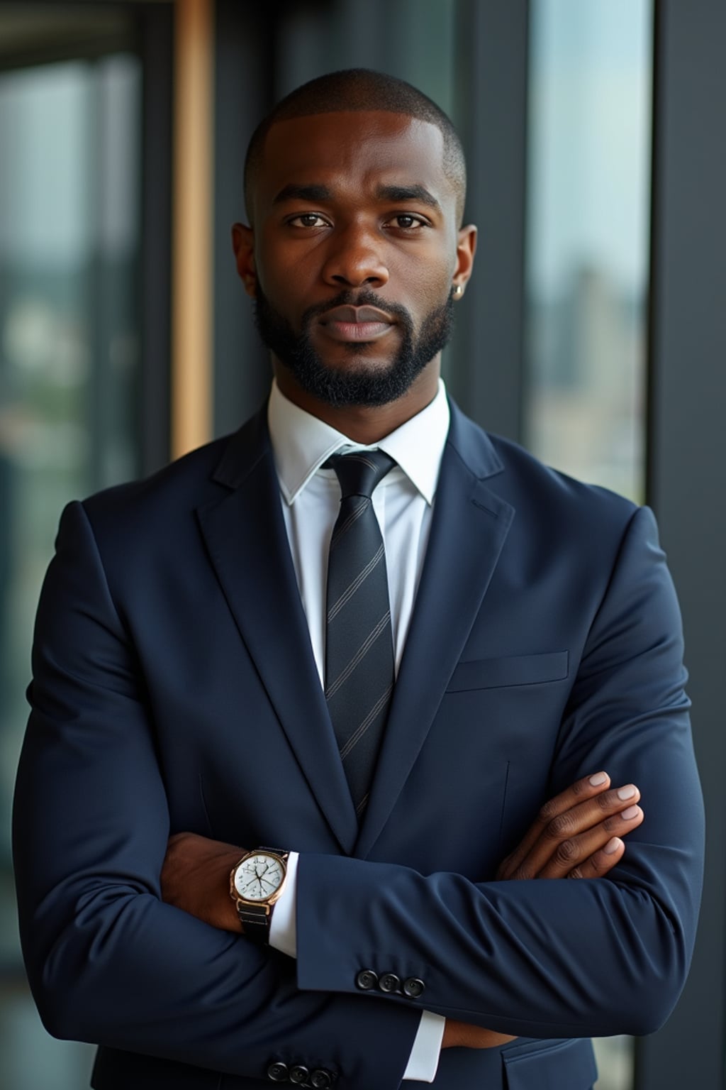 8k professional headshot of man, crisp details, studio backdrop, executive attire, confident posture, neutral expression, high-definition, corporate setting, sharp focus, ambient lighting, business professional, cityscape view