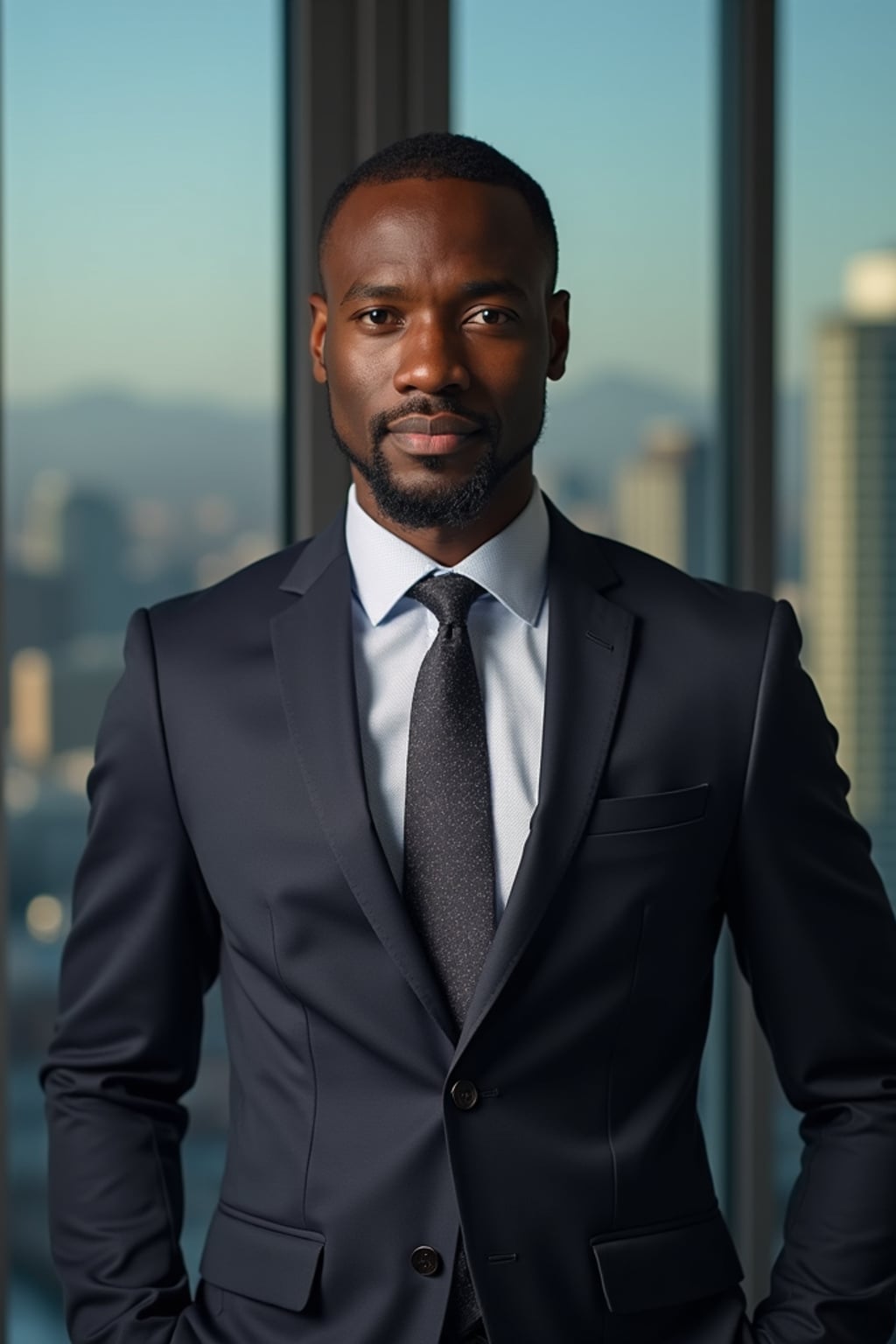 8k professional headshot of man, crisp details, studio backdrop, executive attire, confident posture, neutral expression, high-definition, corporate setting, sharp focus, ambient lighting, business professional, cityscape view