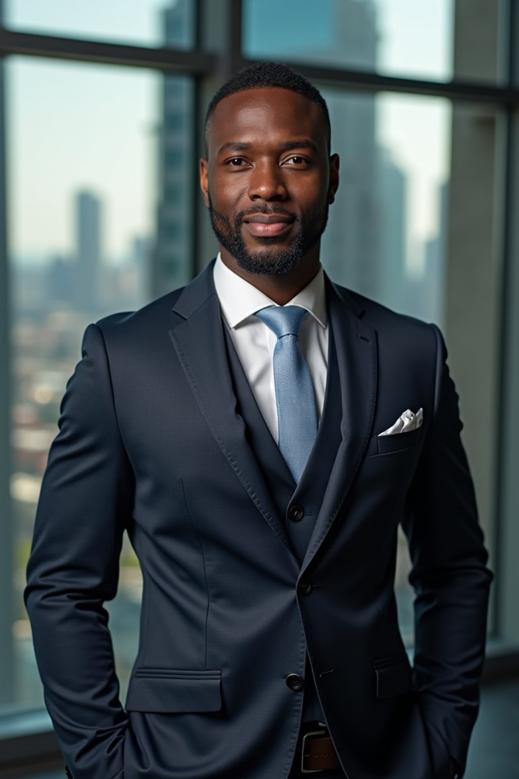 8k professional headshot of man, crisp details, studio backdrop, executive attire, confident posture, neutral expression, high-definition, corporate setting, sharp focus, ambient lighting, business professional, cityscape view