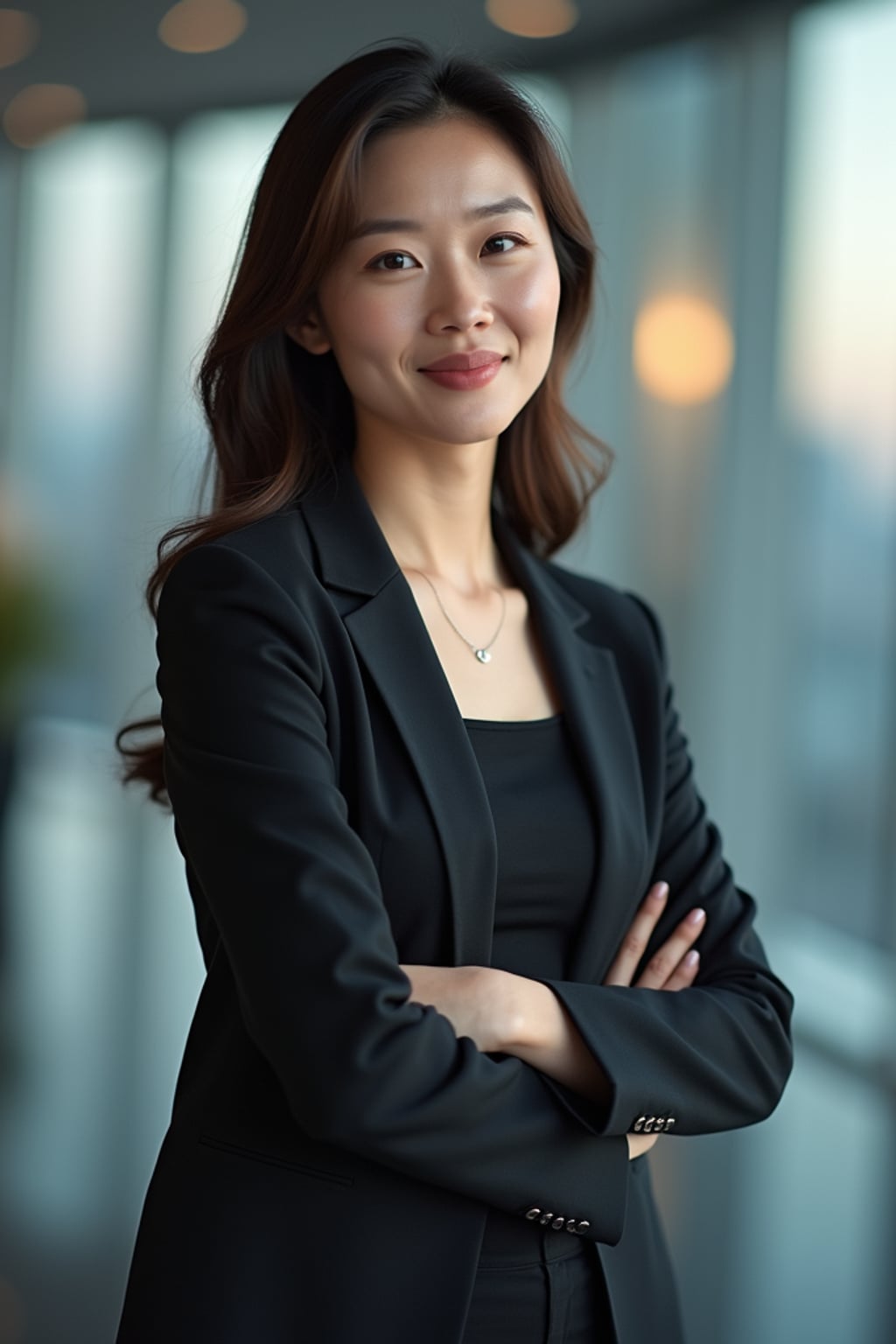 8k professional headshot of woman, crisp details, studio backdrop, executive attire, confident posture, neutral expression, high-definition, corporate setting, sharp focus, ambient lighting, business professional, cityscape view