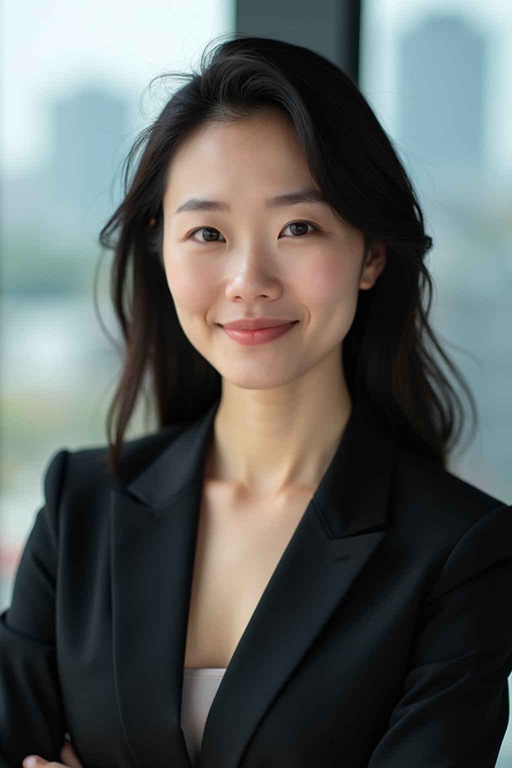 8k professional headshot of woman, crisp details, studio backdrop, executive attire, confident posture, neutral expression, high-definition, corporate setting, sharp focus, ambient lighting, business professional, cityscape view
