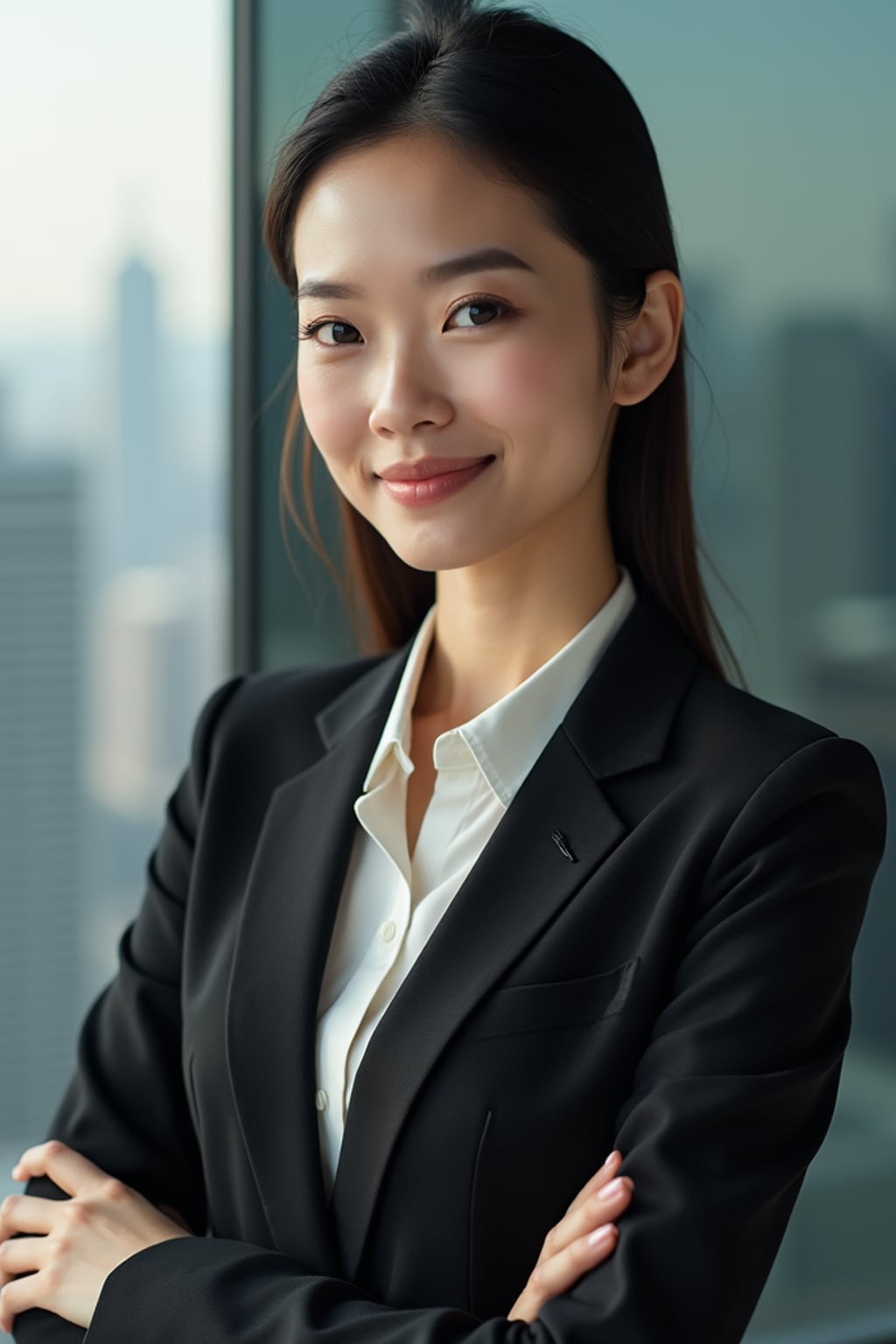8k professional headshot of woman, crisp details, studio backdrop, executive attire, confident posture, neutral expression, high-definition, corporate setting, sharp focus, ambient lighting, business professional, cityscape view