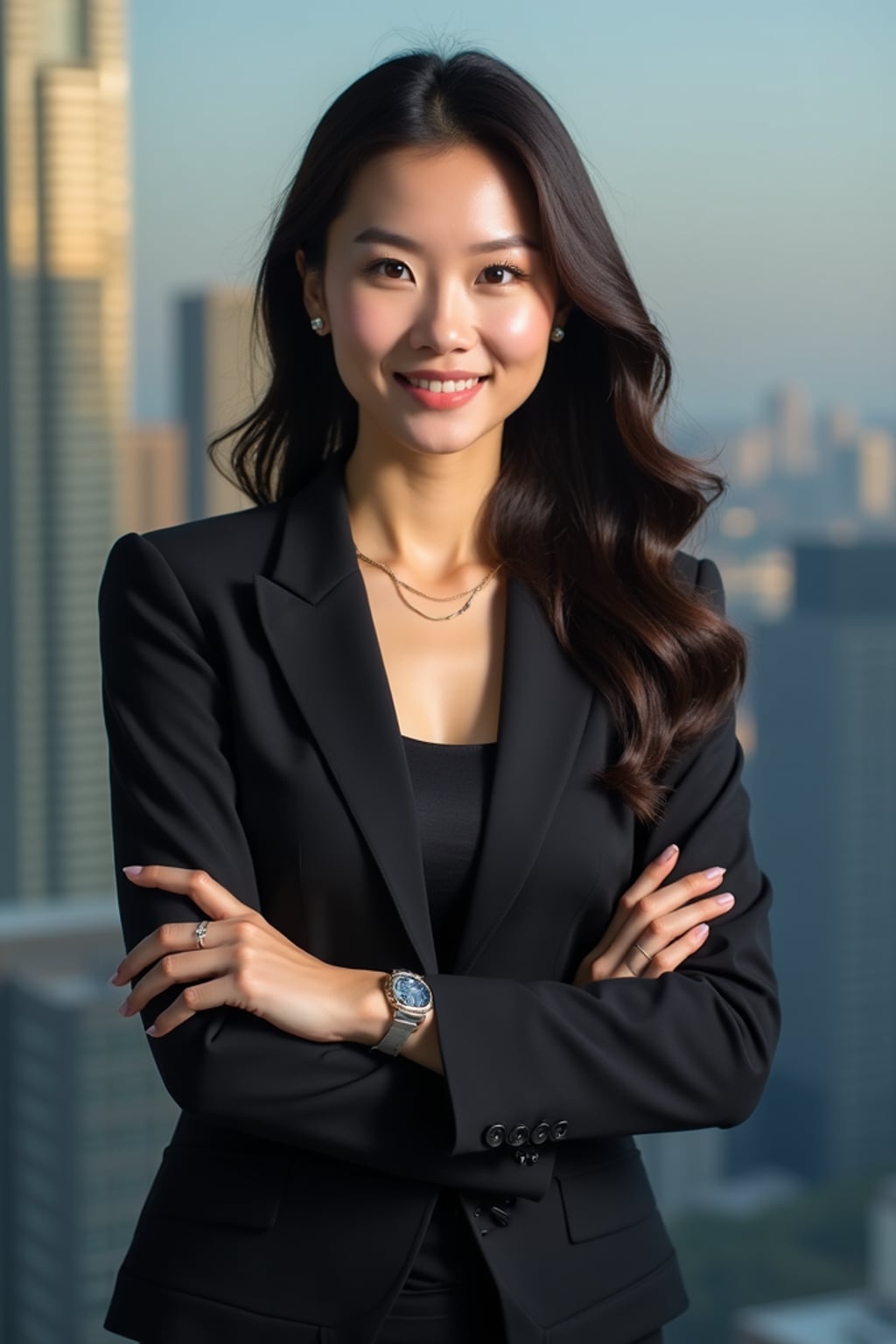 8k professional headshot of woman, crisp details, studio backdrop, executive attire, confident posture, neutral expression, high-definition, corporate setting, sharp focus, ambient lighting, business professional, cityscape view