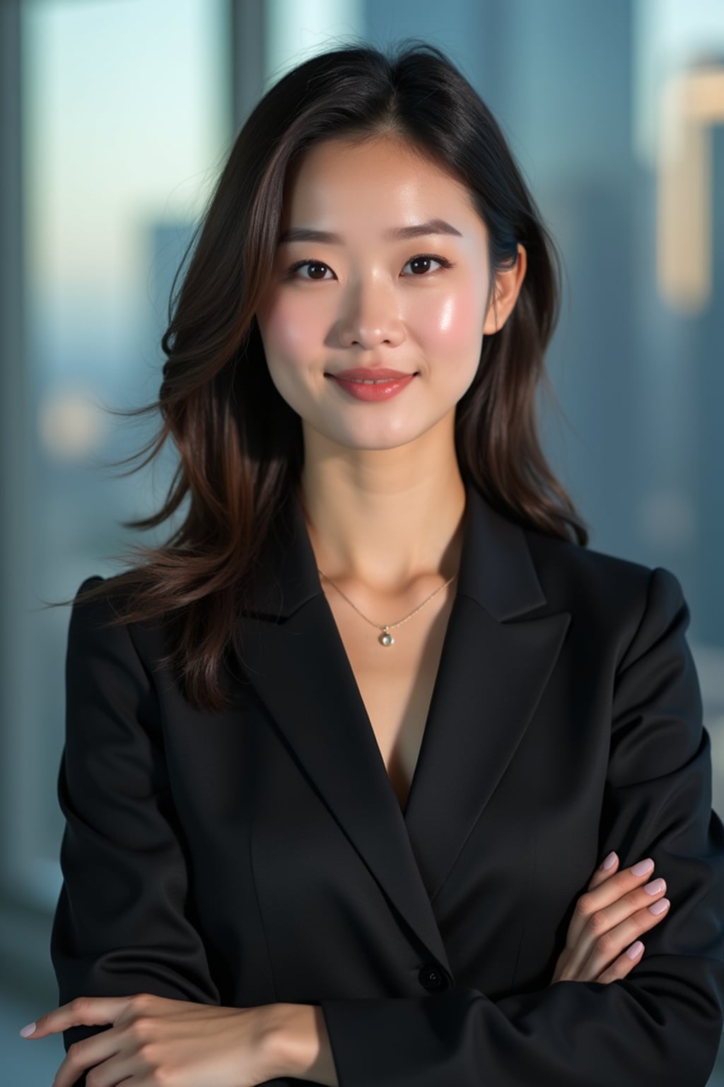 8k professional headshot of woman, crisp details, studio backdrop, executive attire, confident posture, neutral expression, high-definition, corporate setting, sharp focus, ambient lighting, business professional, cityscape view