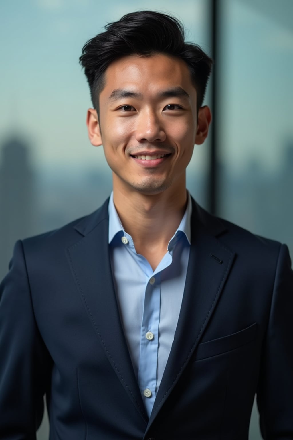 8k professional headshot of man, crisp details, studio backdrop, executive attire, confident posture, neutral expression, high-definition, corporate setting, sharp focus, ambient lighting, business professional, cityscape view