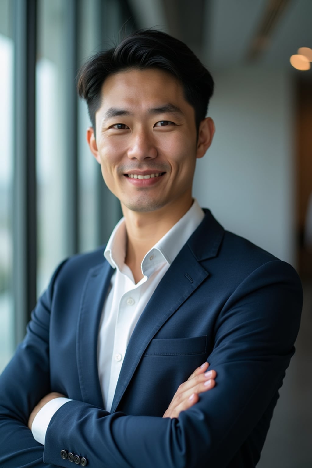 8k professional headshot of man, crisp details, studio backdrop, executive attire, confident posture, neutral expression, high-definition, corporate setting, sharp focus, ambient lighting, business professional, cityscape view