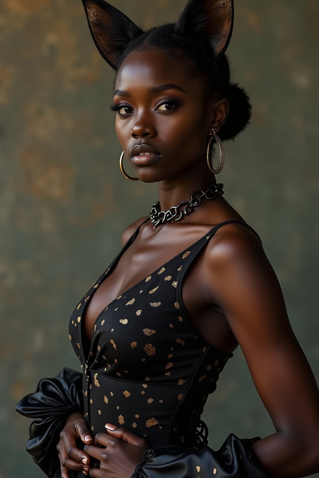High-fashion Catgirl woman editorial shoot. Elegant cat ears, stylish outfit with subtle cat motifs, graceful pose . Artistic portrait.
