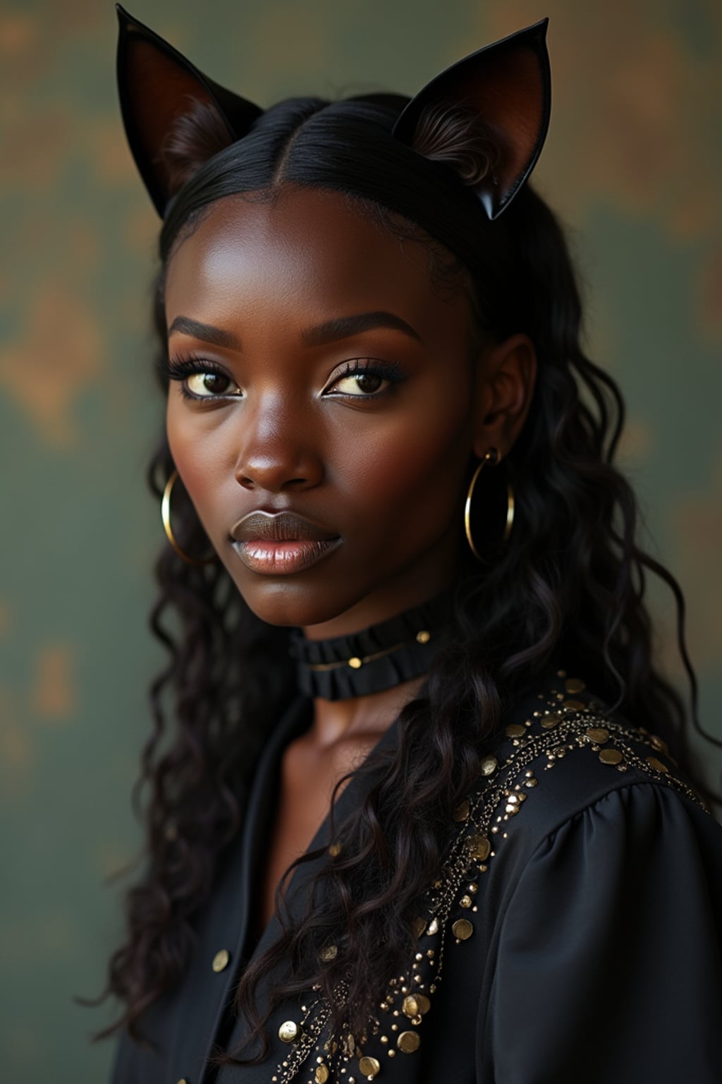 High-fashion Catgirl woman editorial shoot. Elegant cat ears, stylish outfit with subtle cat motifs, graceful pose . Artistic portrait.