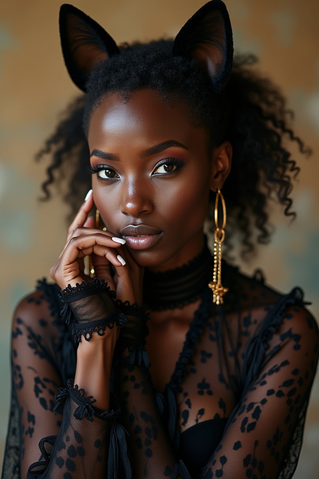 High-fashion Catgirl woman editorial shoot. Elegant cat ears, stylish outfit with subtle cat motifs, graceful pose . Artistic portrait.