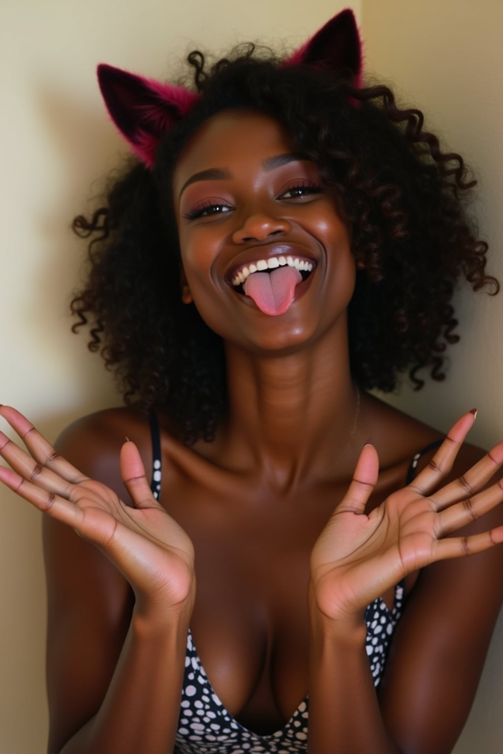 Model with playful catgirl attitude, cute photography vibes. Cat ears, tail visible, playful pose with paw hands . Bright cheerful lighting.  The person appears to be sticking out their tongue in a playful or edgy expression.