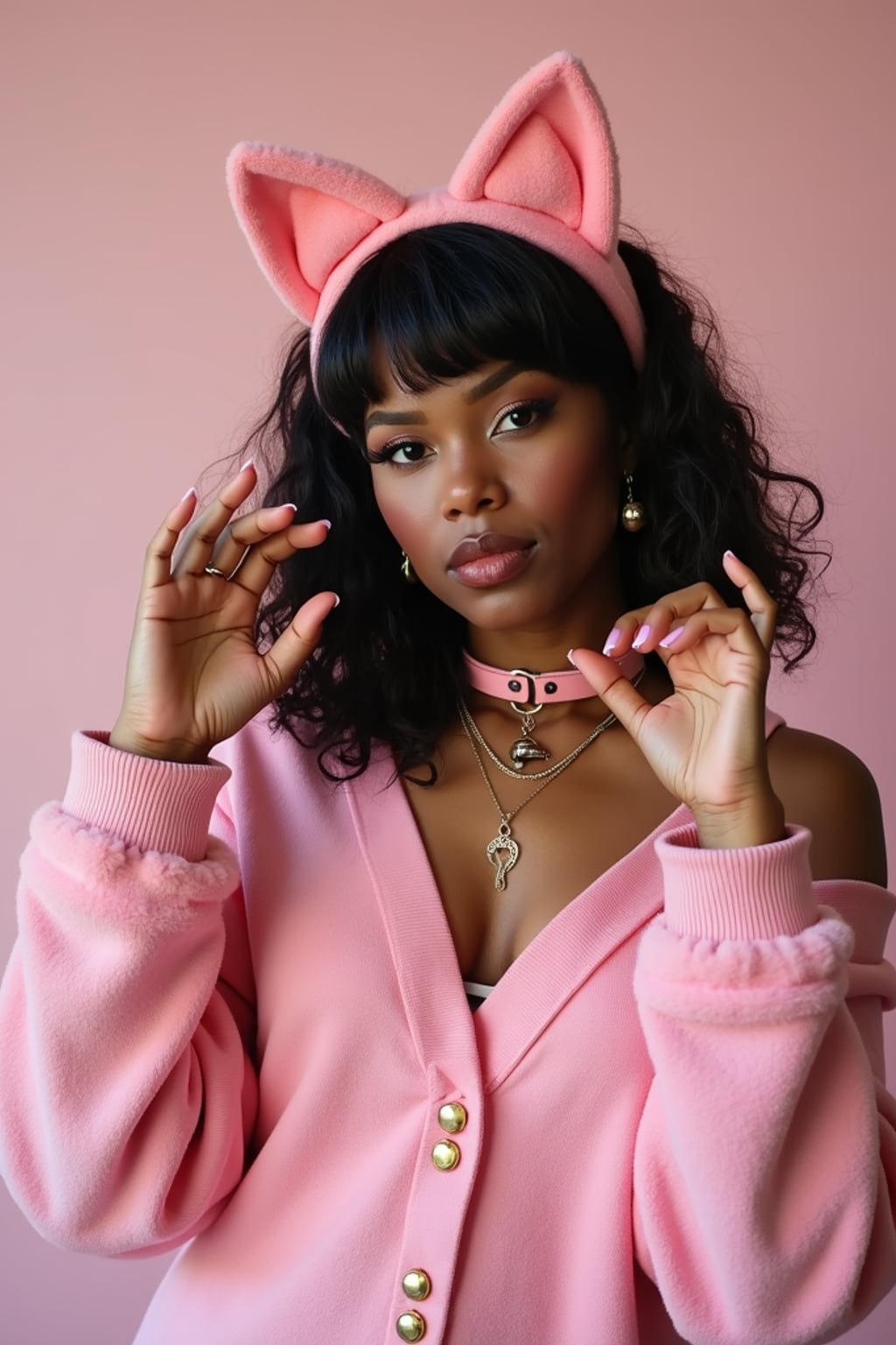 Model as a kawaii Catgirl. Pink cat ears, cute collar with bell, playful pose with paw gestures . Japanese street fashion inspired.