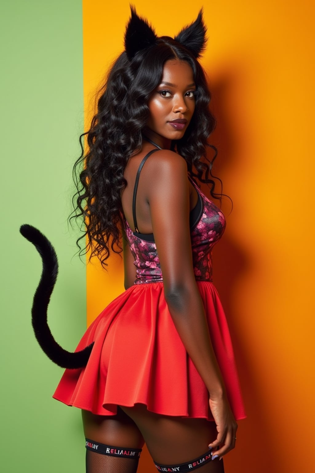 Model in a Catgirl cosplay photoshoot. Cat ears, tail, pleated skirt, thigh-high socks . Bright colorful background.