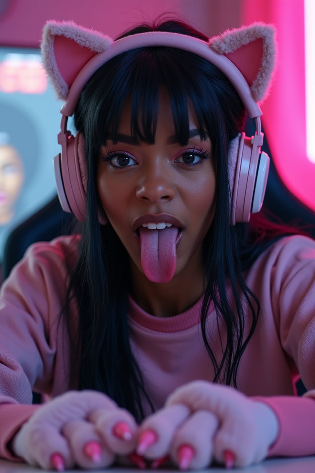 Model as a gaming Catgirl. Cat ear headphones, paw gloves, cute pastel gaming setup . Cozy streaming room aesthetic.  The person appears to be sticking out their tongue in a playful or edgy expression.