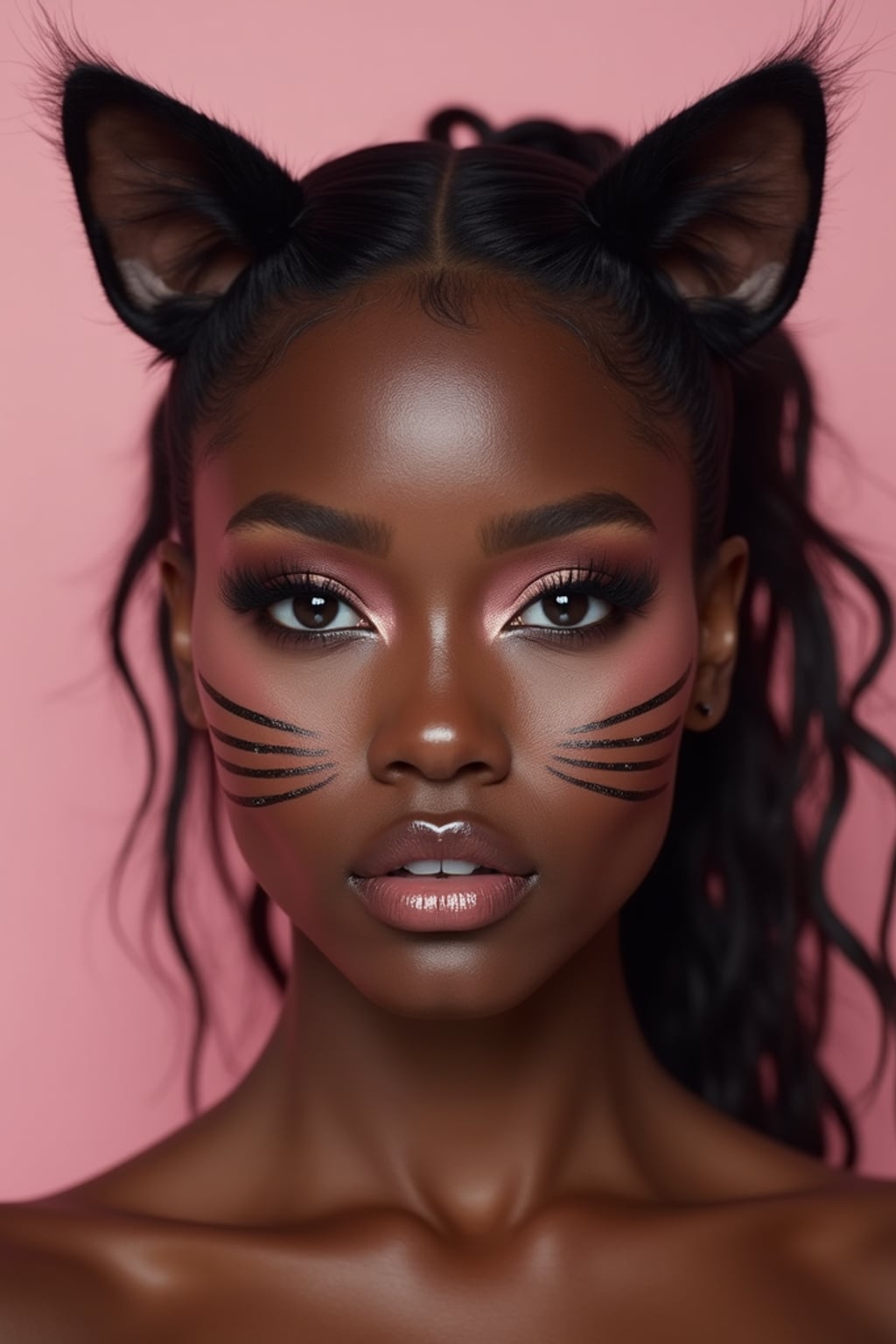 Close-up portrait of woman as a Catgirl with soft makeup. Cat ears, whisker face paint, glossy lips, big expressive eyes . Pastel colored background.