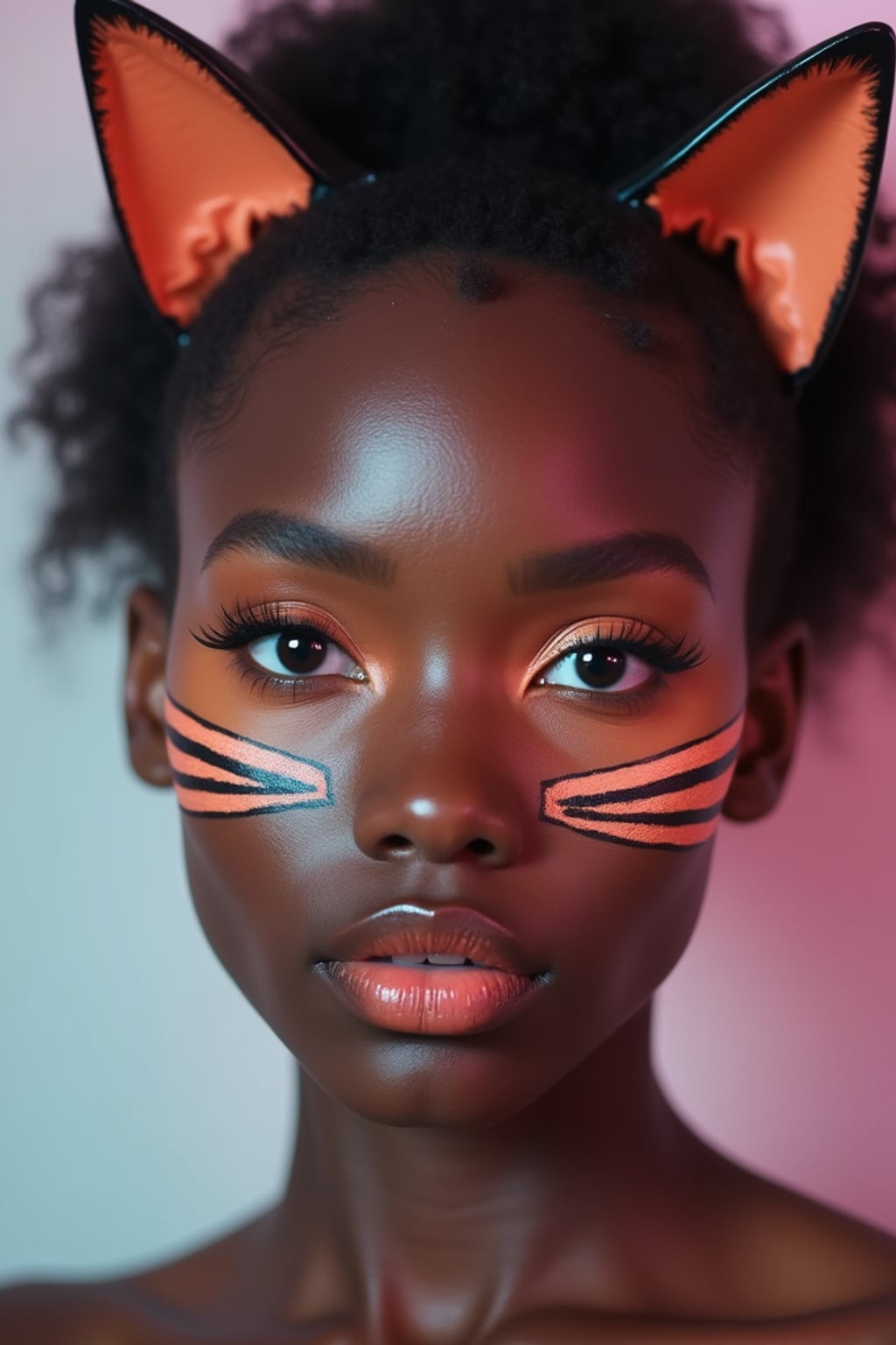 Close-up portrait of woman as a Catgirl with soft makeup. Cat ears, whisker face paint, glossy lips, big expressive eyes . Pastel colored background.