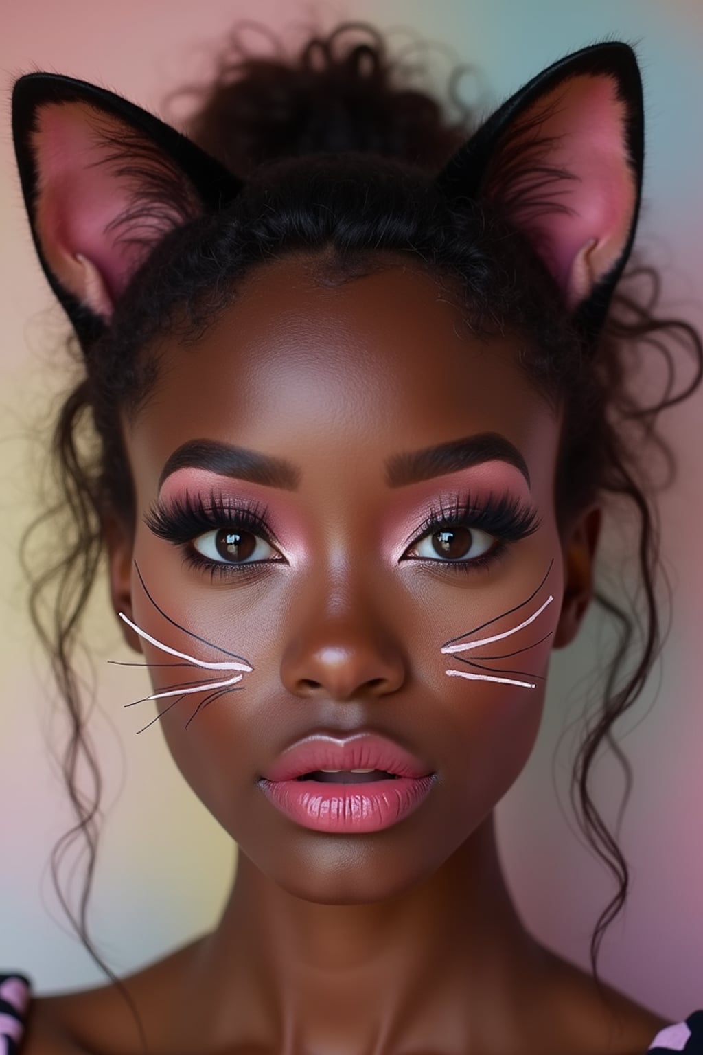 Close-up portrait of woman as a Catgirl with soft makeup. Cat ears, whisker face paint, glossy lips, big expressive eyes . Pastel colored background.