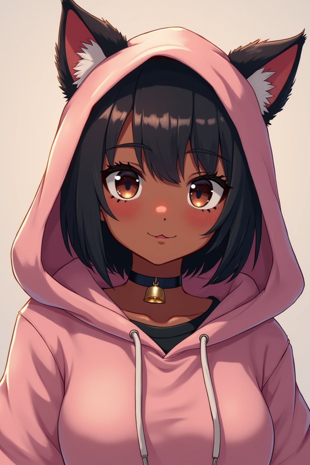 Model as a Catgirl. Wearing cat ears, cute oversized hoodie, choker with bell, playful expression . Kawaii anime-inspired look.