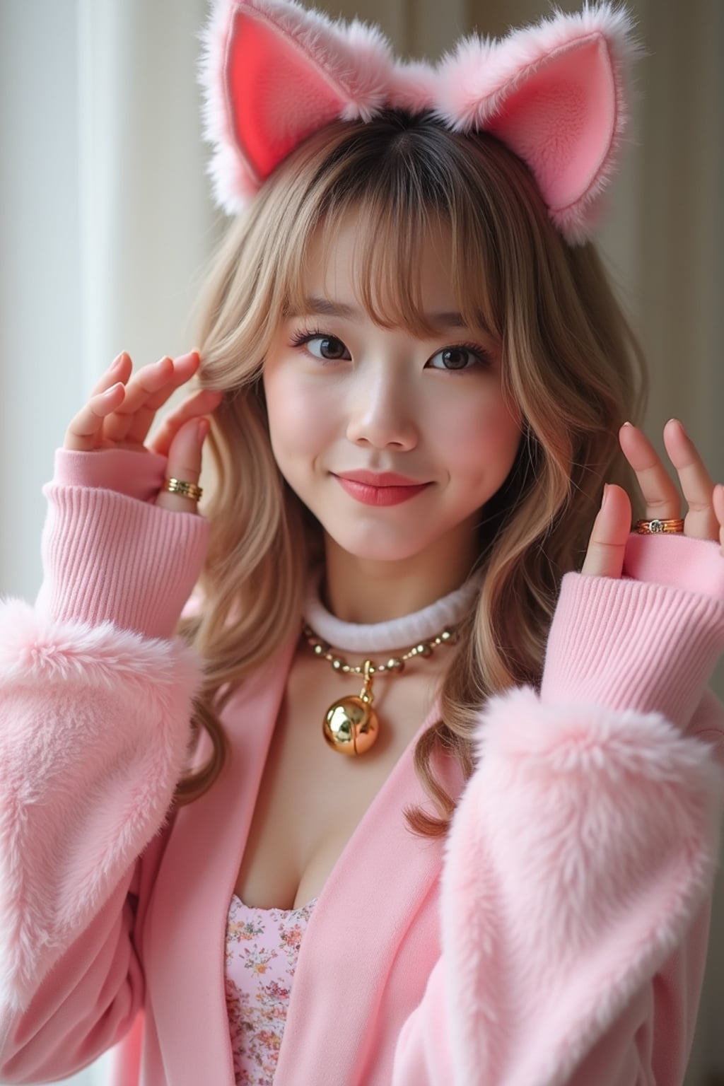 Model as a kawaii Catgirl. Pink cat ears, cute collar with bell, playful pose with paw gestures . Japanese street fashion inspired.