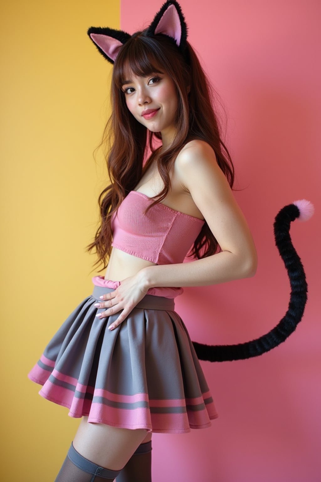 Model in a Catgirl cosplay photoshoot. Cat ears, tail, pleated skirt, thigh-high socks . Bright colorful background.
