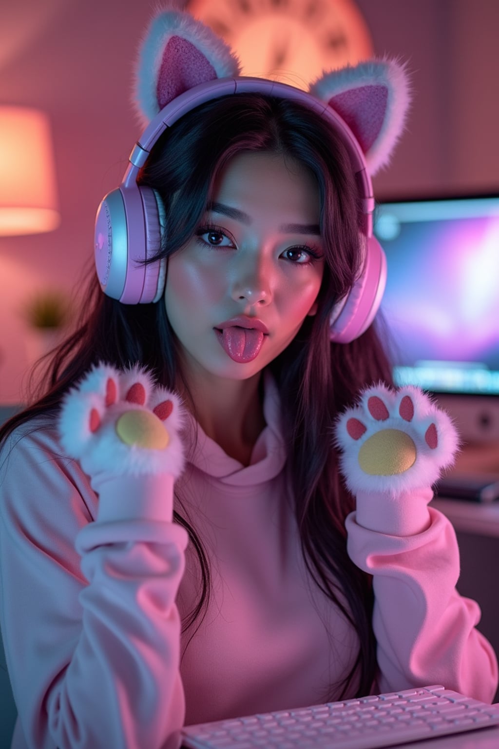 Model as a gaming Catgirl. Cat ear headphones, paw gloves, cute pastel gaming setup . Cozy streaming room aesthetic.  The person appears to be sticking out their tongue in a playful or edgy expression.