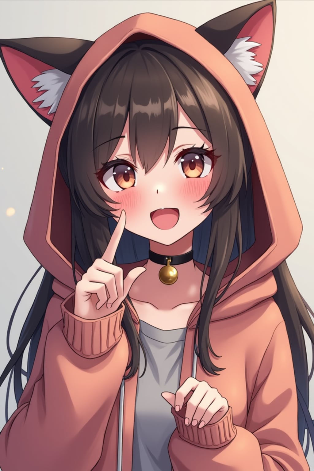 Model as a Catgirl. Wearing cat ears, cute oversized hoodie, choker with bell, playful expression . Kawaii anime-inspired look.