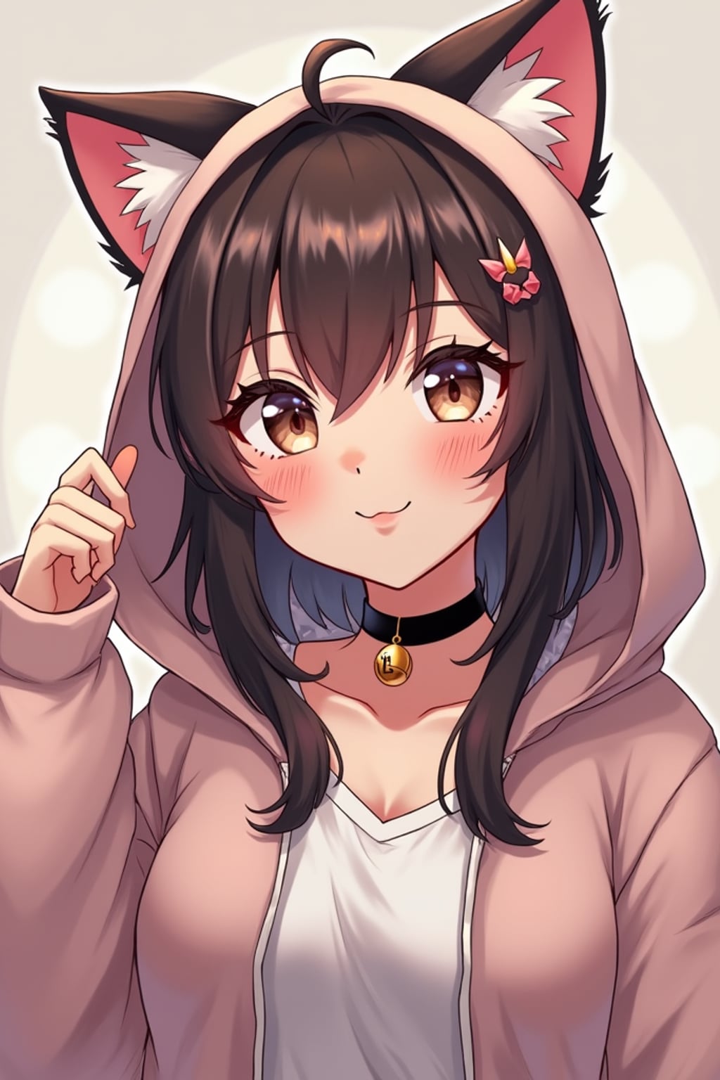 Model as a Catgirl. Wearing cat ears, cute oversized hoodie, choker with bell, playful expression . Kawaii anime-inspired look.