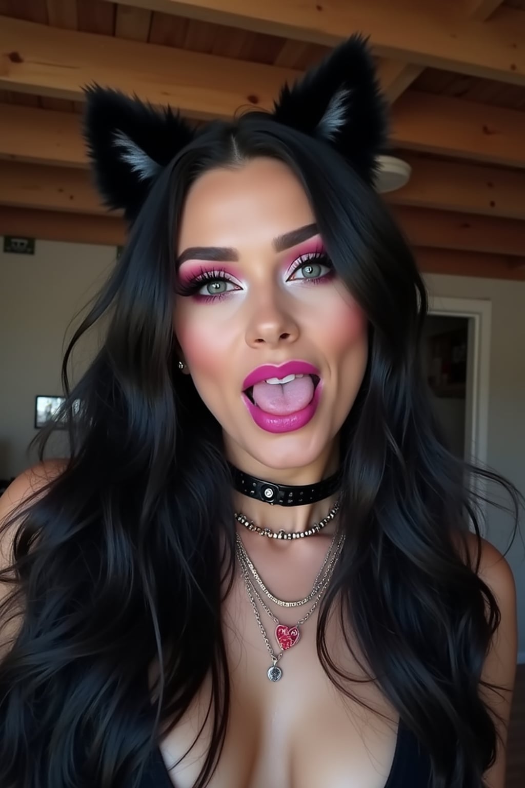 woman with long hair, styled in a dramatic and voluminous way. They are wearing black cat ears with light-colored inner fur, enhancing a feline or cosplay-inspired aesthetic. Their makeup is bold, featuring pink eye contacts, long lashes, and vivid magenta lipstick. They have a septum piercing and are wearing layered necklaces, including a choker with a heart-shaped pendant. The lighting has a soft, moody glow, and the background includes wooden beams, suggesting a loft or bed frame overhead. The person appears to be sticking out their tongue in a playful or edgy expression.