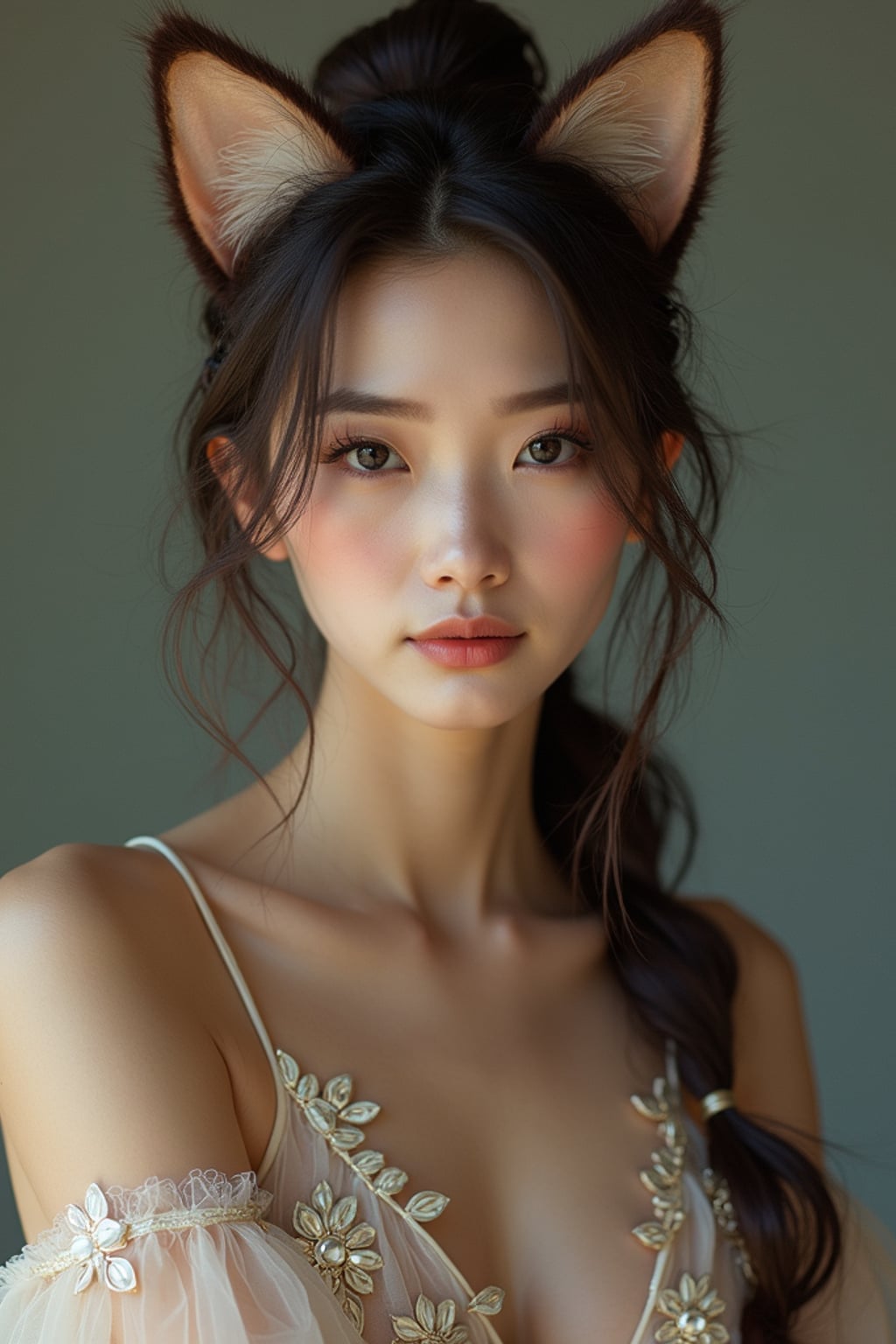 High-fashion Catgirl woman editorial shoot. Elegant cat ears, stylish outfit with subtle cat motifs, graceful pose . Artistic portrait.