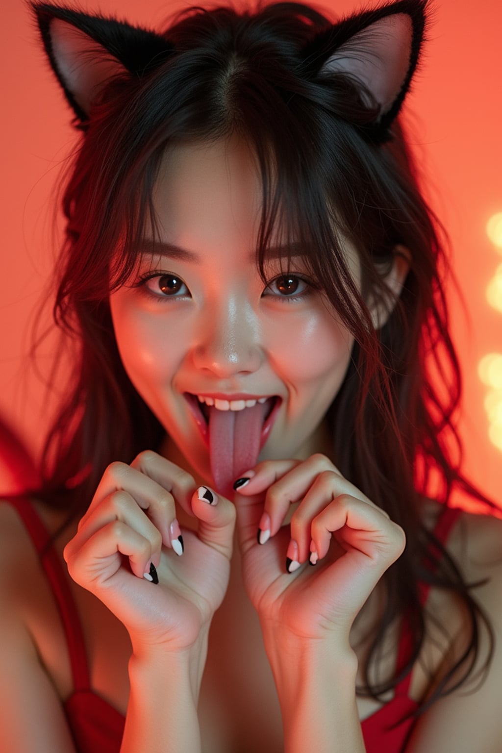Model with playful catgirl attitude, cute photography vibes. Cat ears, tail visible, playful pose with paw hands . Bright cheerful lighting.  The person appears to be sticking out their tongue in a playful or edgy expression.