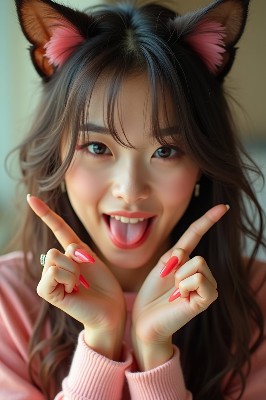 Model with playful catgirl attitude, cute photography vibes. Cat ears, tail visible, playful pose with paw hands . Bright cheerful lighting.  The person appears to be sticking out their tongue in a playful or edgy expression.