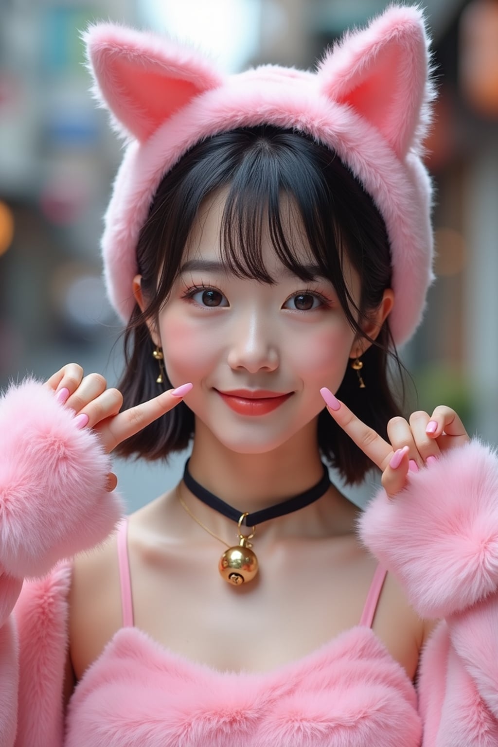 Model as a kawaii Catgirl. Pink cat ears, cute collar with bell, playful pose with paw gestures . Japanese street fashion inspired.
