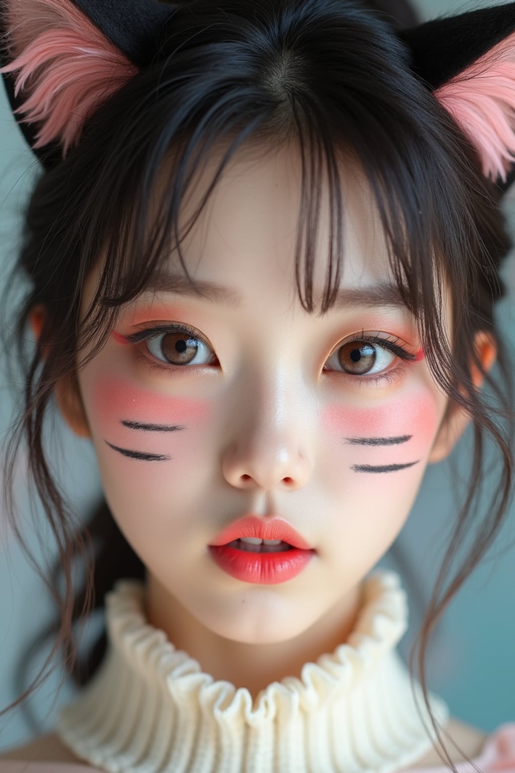 Close-up portrait of woman as a Catgirl with soft makeup. Cat ears, whisker face paint, glossy lips, big expressive eyes . Pastel colored background.