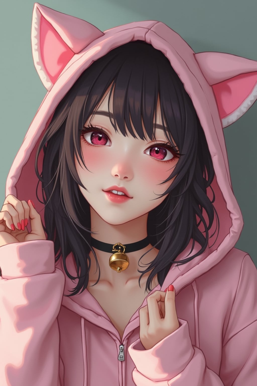 Model as a Catgirl. Wearing cat ears, cute oversized hoodie, choker with bell, playful expression . Kawaii anime-inspired look.