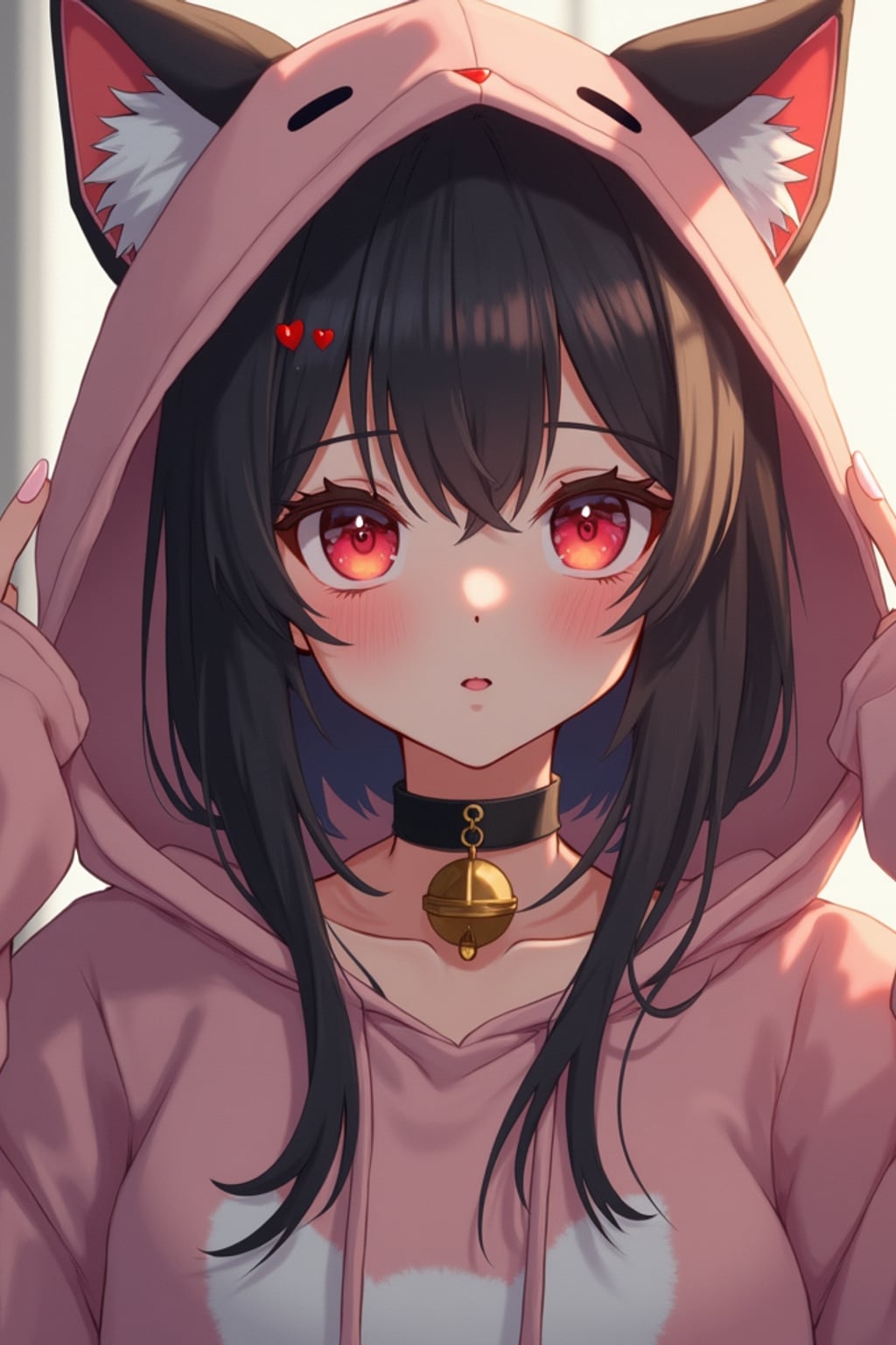 Model as a Catgirl. Wearing cat ears, cute oversized hoodie, choker with bell, playful expression . Kawaii anime-inspired look.