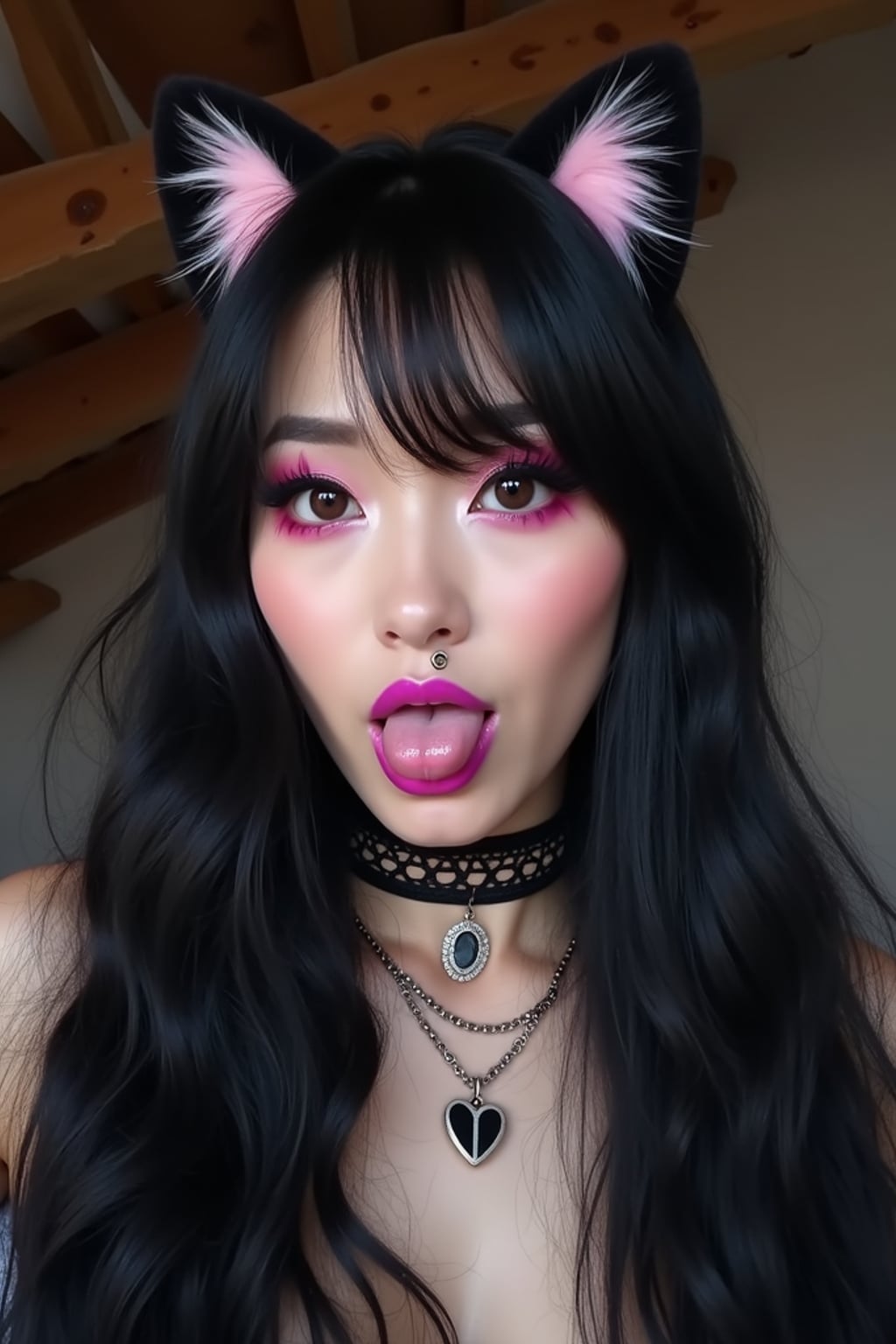 woman with long hair, styled in a dramatic and voluminous way. They are wearing black cat ears with light-colored inner fur, enhancing a feline or cosplay-inspired aesthetic. Their makeup is bold, featuring pink eye contacts, long lashes, and vivid magenta lipstick. They have a septum piercing and are wearing layered necklaces, including a choker with a heart-shaped pendant. The lighting has a soft, moody glow, and the background includes wooden beams, suggesting a loft or bed frame overhead. The person appears to be sticking out their tongue in a playful or edgy expression.