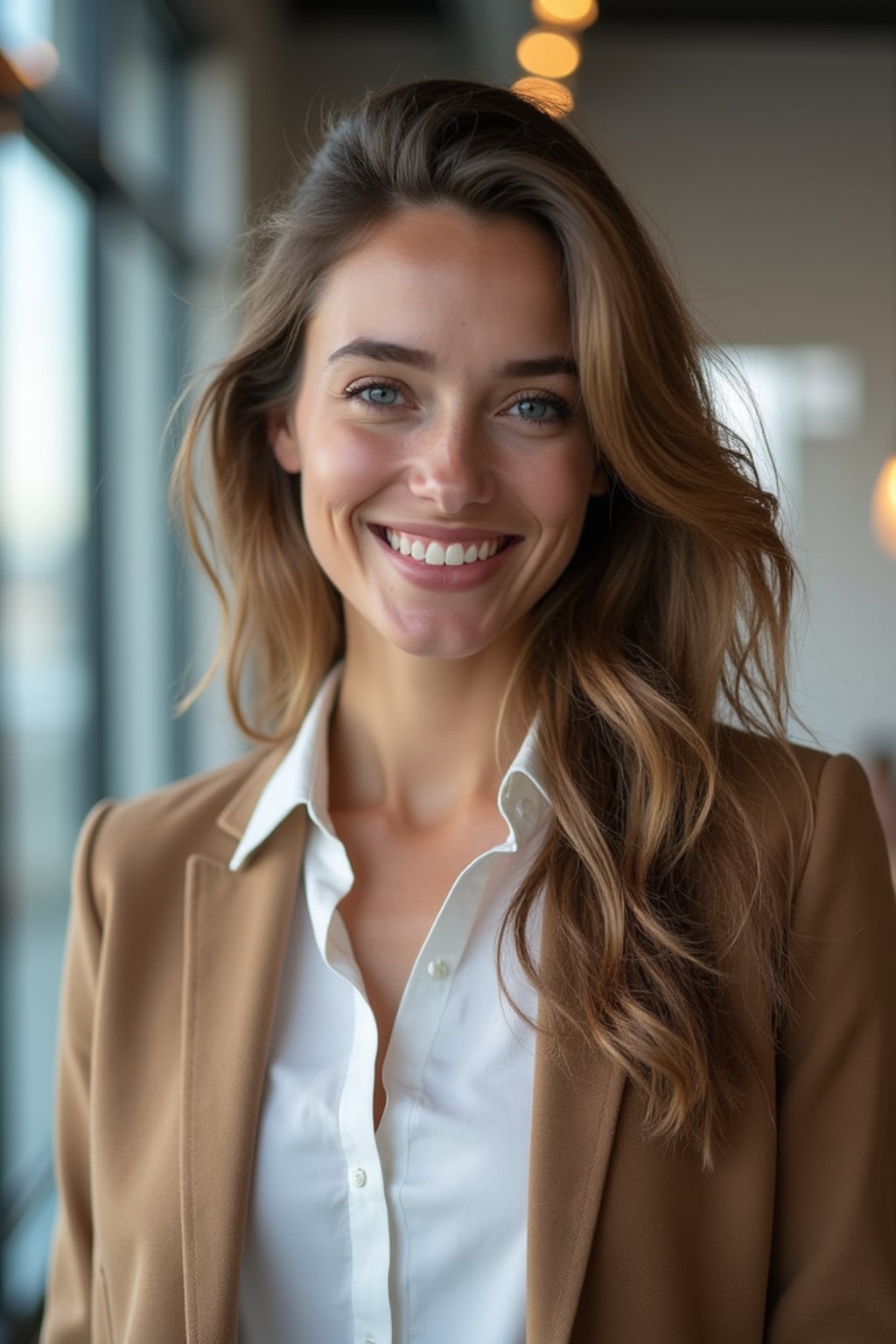 8k professional headshot of woman, crisp details, studio backdrop, casual smart attire, confident posture, friendly expression, high-definition, modern startup environment, sharp focus, natural lighting, business casual, open workspace background