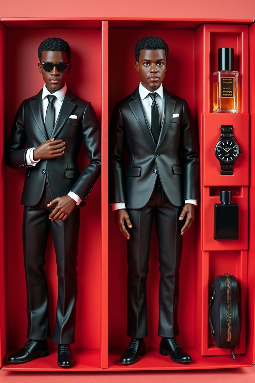 man as an action figure in packaging labeled 'SEXY EDITION'. Use man as a reference for the face. Model is 6 inches tall and dressed in  suit and tie outfit, and striking a confident pose. The cardboard section should be red. Include an 'Accessories' section with items like sunglasses, perfume/cologne bottle, and elegant watch. Make the design visually appealing and alluring. Do not include the character image on packaging.