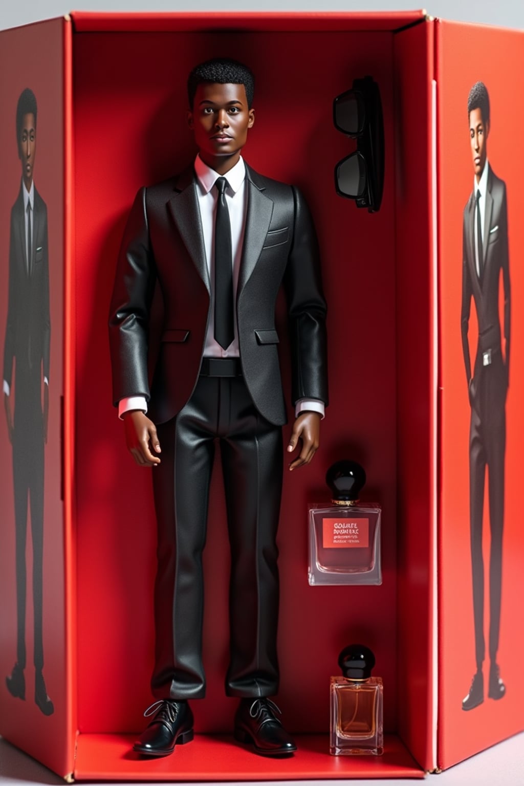 man as an action figure in packaging labeled 'SEXY EDITION'. Use man as a reference for the face. Model is 6 inches tall and dressed in  suit and tie outfit, and striking a confident pose. The cardboard section should be red. Include an 'Accessories' section with items like sunglasses, perfume/cologne bottle, and elegant watch. Make the design visually appealing and alluring. Do not include the character image on packaging.