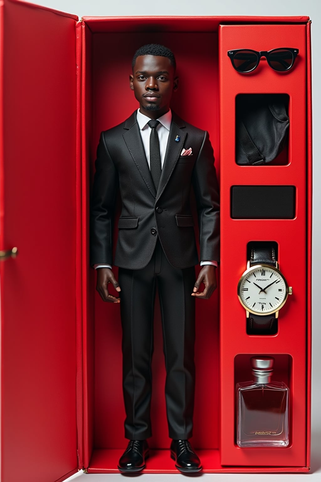 man as an action figure in packaging labeled 'SEXY EDITION'. Use man as a reference for the face. Model is 6 inches tall and dressed in  suit and tie outfit, and striking a confident pose. The cardboard section should be red. Include an 'Accessories' section with items like sunglasses, perfume/cologne bottle, and elegant watch. Make the design visually appealing and alluring. Do not include the character image on packaging.