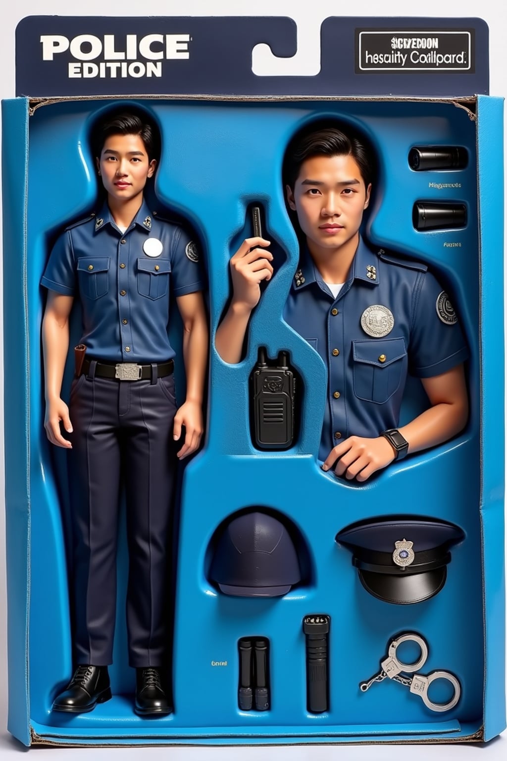 man as an action figure in packaging labeled 'POLICE EDITION'. Use man as a reference for the face. Model is 6 inches tall and dressed in police uniform with badge, and holding a walkie-talkie. The cardboard section should be blue. Include an 'Accessories' section with items like handcuffs, police hat, and flashlight. Make the design visually appealing and reflective of law enforcement profession. Do not include the character image on packaging.