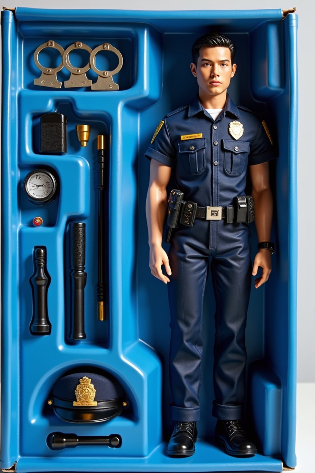 man as an action figure in packaging labeled 'POLICE EDITION'. Use man as a reference for the face. Model is 6 inches tall and dressed in police uniform with badge, and holding a walkie-talkie. The cardboard section should be blue. Include an 'Accessories' section with items like handcuffs, police hat, and flashlight. Make the design visually appealing and reflective of law enforcement profession. Do not include the character image on packaging.