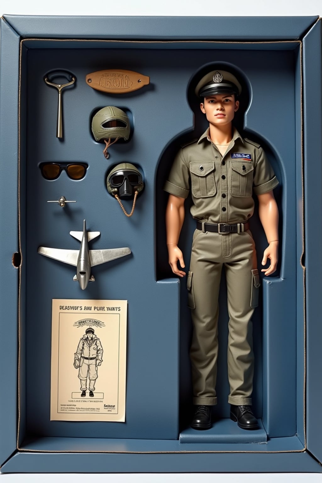 man as an action figure in packaging labeled 'PILOT EDITION'. Use man as a reference for the face. Model is 6 inches tall and dressed in pilot uniform with cap, and holding aviator sunglasses. The cardboard section should be navy blue. Include an 'Accessories' section with items like pilot headset, flight manual, and man airplane. Make the design visually appealing and reflective of aviation profession. Do not include the character image on packaging.