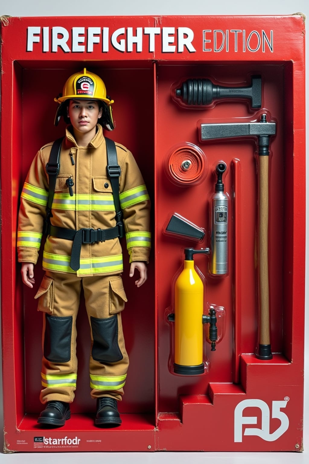 man as an action figure in packaging labeled 'FIREFIGHTER EDITION'. Use man as a reference for the face. Model is 6 inches tall and dressed in firefighter uniform with helmet, and holding an axe. The cardboard section should be red. Include an 'Accessories' section with items like fire hose, oxygen tank, and radio. Make the design visually appealing and reflective of firefighting profession. Do not include the character image on packaging.