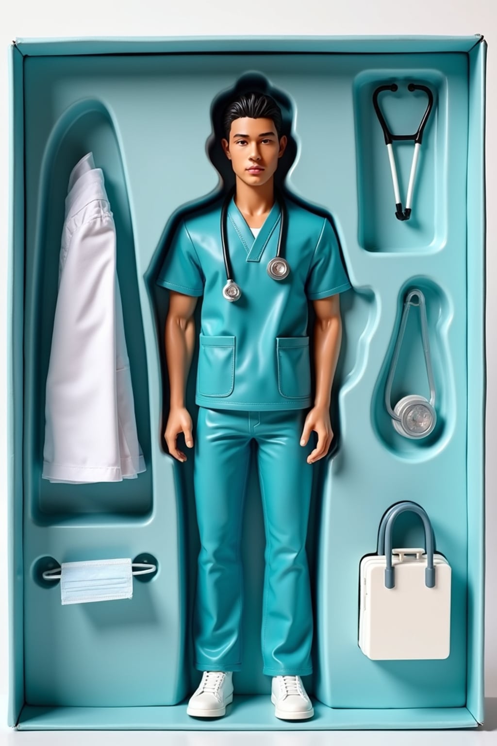 man as an action figure in packaging labeled 'DOCTOR EDITION'. Use man as a reference for the face. Model is 6 inches tall and dressed in medical scrubs with stethoscope, and holding a clipboard. The cardboard section should be light blue. Include an 'Accessories' section with items like stethoscope, medical bag, and surgical mask. Make the design visually appealing and reflective of healthcare profession. Do not include the character image on packaging.